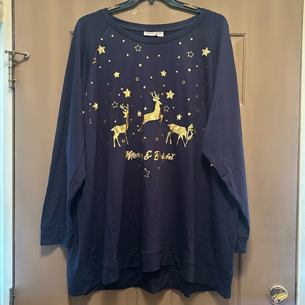 NWT Avenue “Merry & Bright” Donner reindeer sweat top size 30/32
